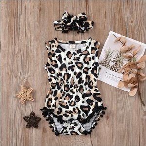 Leopard Print Pompom Trim Romper Headband Set